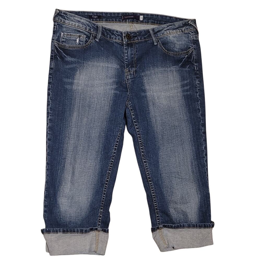 Vigoss Distressed Blue Denim Cuffed Capri Jeans Womens Juniors Size 13 EUC